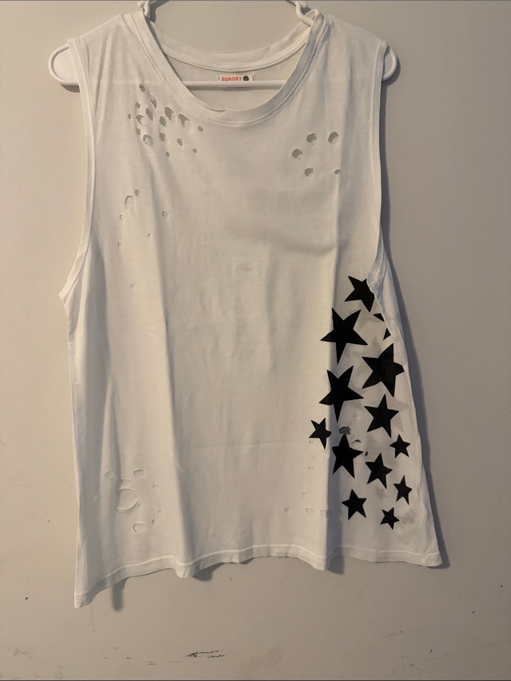 Sundry White Sleeveless Muscle Tank with Black Star Print